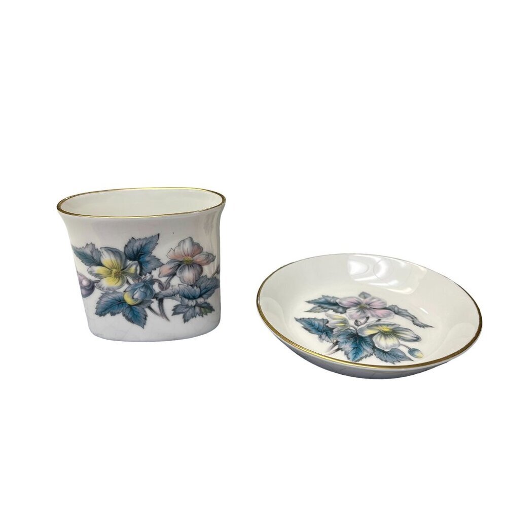 Royal Worcester Bone China Floral Toothpick Holder Vase & Trinket Dish Gold Trim